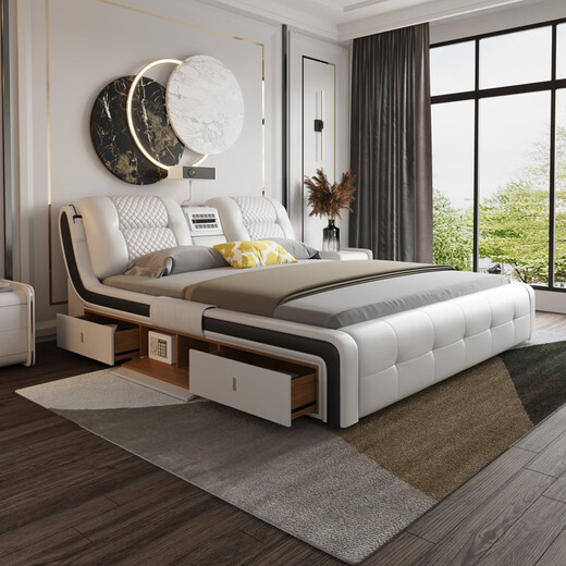 Fansati leather bed double bed modern minimalist master bedroom furniture smart massage storage high box wedding bed with projector bed luxury flagship single bed (with projector) 1800*2000 frame structure