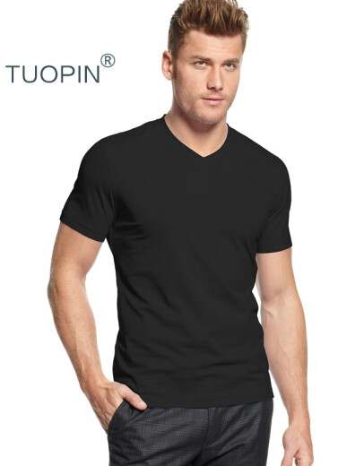 Tuopin high-end stretch cotton v-neck tight short-sleeved T-shirt men's top summer solid color bottoming close-fitting half-sleeved T-shirt black 185/L
