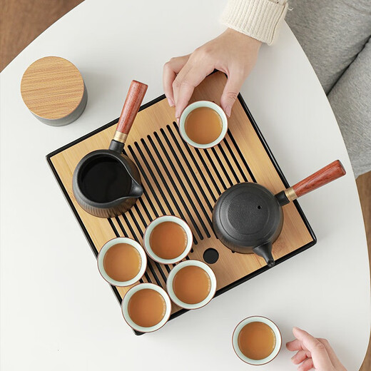 SUSHI CERAMICS Kung Fu tea set solid wood handle side handle teapot Japanese bamboo surface water storage tea tray high-end gift box J0400