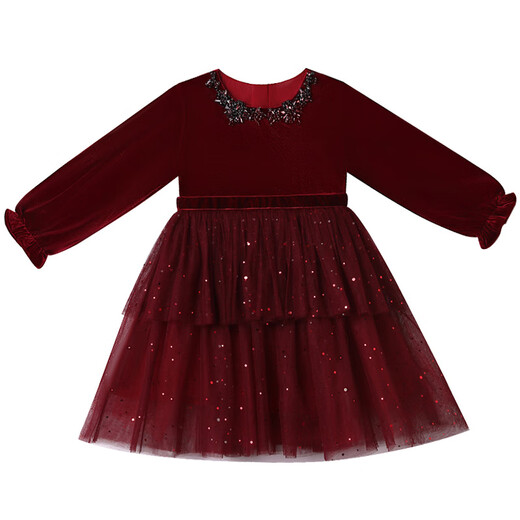 LUOBOBEIBEI Girls Dress Dress Autumn Winter Dress New Year Red Mesh Skirt Performance Host Costume Red 130