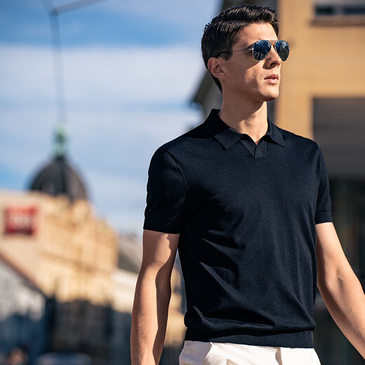 Mr. Bu men's knitted short-sleeved T-shirt lapel breathable quick-drying business casual piano black (plain) XL (180)