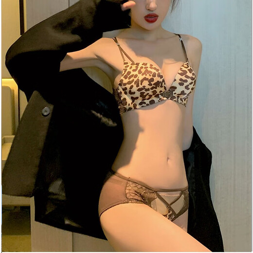 KJ文胸无钢圈前扣美背内衣女小胸聚拢性感豹纹上薄下厚文胸套装 1098黑豹纹【套装】 75B =34B