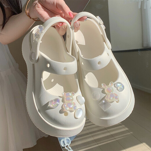 细细条（XIXITIAO）仙女洞洞鞋春夏时尚网红外穿甜美水钻玛丽珍拖鞋沙滩鞋ins 奶油白 35-36