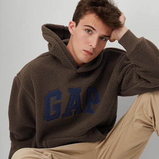 
Gap Men's and Women's LOGO Imitation Lambskin Dropsleeved Sweatshirt American Casual Warm Hoodie 807084 Dark Brown S (175/92A)