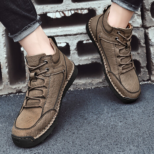 Région occidentale Camel (Vancamel) Cowhide 48 Chaussures pour hommes de grande taille Coux faits à la main chaussures haut de gamme Martin Boots en cuir authentique pour hommes plus velours