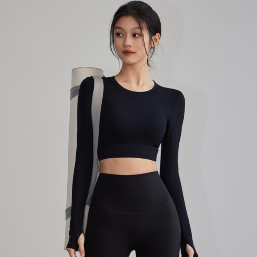 KEJIMITAO European and American ins sexy backless yoga wear with chest pad sports top autumn and winter Pilates training tight long sleeves black M