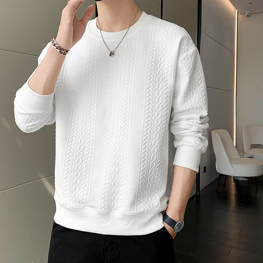 Dingfengbaoluo long-sleeved T-shirt men's autumn and winter versatile fashion jacquard sweatshirt loose trendy tops JE2221 white XL