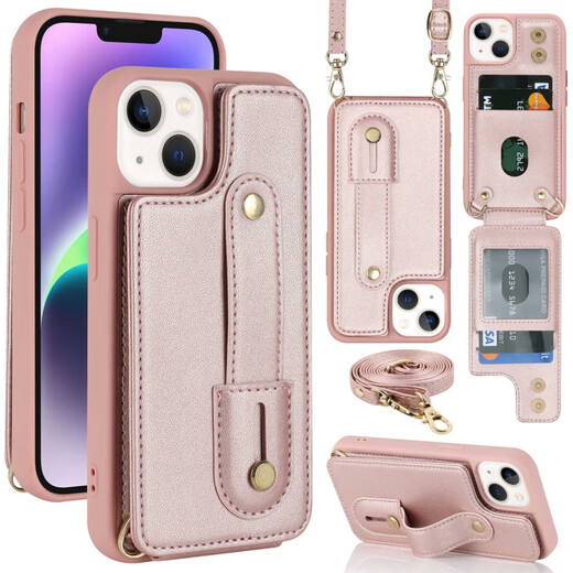 卡包适用苹果15promax斜挎手机壳挂绳iPhone14pro感12背带11卡套一体XS女款1 玫瑰金 卡包一体+可调节长绳 iPhone 15 Pro
