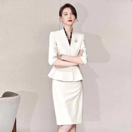 Sugargirl spring and summer high-end professional wear women's suit small suit temperament suit beauty salon jewelry hotel sales work clothes off-white long suit + skirt L