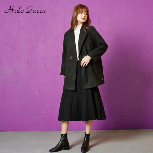 HaloQueen 2020 Winter Women's Pleated Skirt Women's Elastic Thickened Wool Knitted Skirt Mid-Length High Waist A-Line Skirt Women's Skirt HW09ZQ031 Black One Size