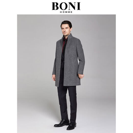 BONI/堡尼毛呢大衣男中长款秋冬商务立领羊毛大衣外套男BE883341B 专柜同款 灰色 165