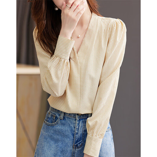 Demana (dme) pleated design shirt spring and autumn commuter V-neck straight long-sleeved plaid shirt women's tops Autumn Leaf Yellow XL
