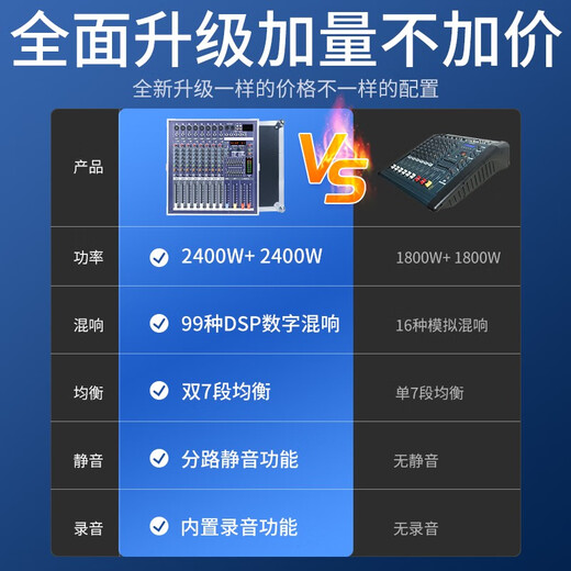 NXG professional mixer with power amplifier all-in-one high-power stage performance wedding with Bluetooth internal recording reverberation dual seven-segment balanced microphone flight box microphone with power amplifier mixer 8-way 2400W+2400W with rechargeable wireless microphone