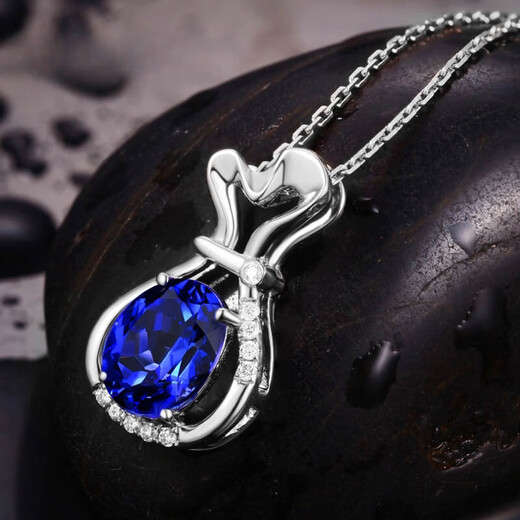 Fantimo 22 carat tanzanite necklace for women, 18k gold with diamonds, lucky bag pendant, luxury colored jewelry, medium lucky bag with 2.2 carat 5A grade tanzanite pendant