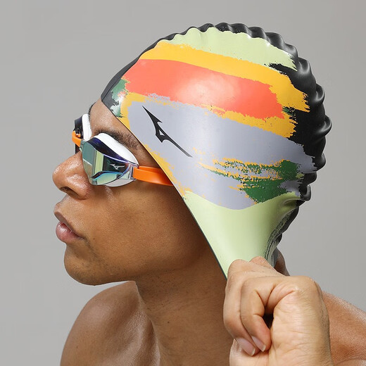 Mizuno (MIZUNO) silicone swimming cap for men and women with long hair, plus size, waterproof, non-stretching, fashionable adult ear protection professional swimming cap, black