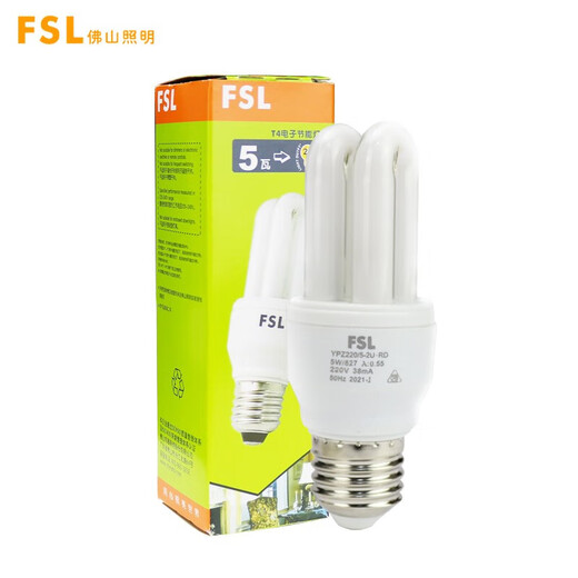 Foshan Lighting (FSL) T4 electronic energy-saving bulb U-shaped three-primary color fluorescent bulb E27 screw bulb 2U-5W white light (6500K)