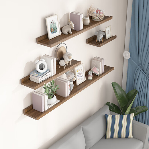 Ruoshi wall storage rack solid wood one-word partition without punching storage bookshelf laminate wall decoration wall-mounted display rack solid wood-log color-90*15