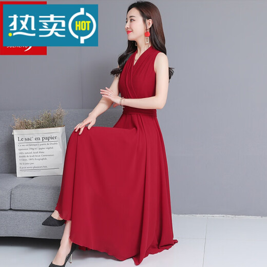 Suzheng chiffon dress slimming 2020 summer new style long beach dress solid color slim sleeveless suspender strapless dress party cocktail party noble red evening dress elegant and chic burgundy S