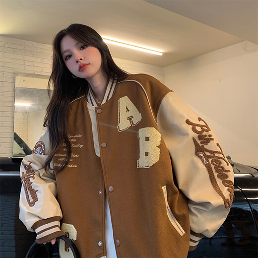 Yiyang official self-built flag shop American retro baseball uniform jacket girl spring autumn and winter 2023 new style junior high school high school brown regular style [girls wear jacket ins trendy L