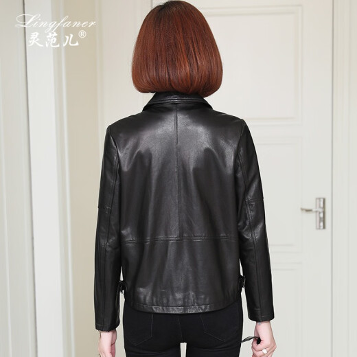 Lingfaner Haining genuine leather jacket women's spring and autumn new sheepskin jacket leather jacket short black 2XL