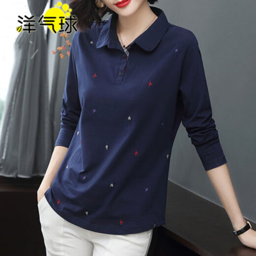 Foreign balloon long-sleeved T-shirt for women 2021 spring new Korean fashion large size middle-aged mother polo shirt for women casual versatile letter embroidery T-shirt for women 311 royal blue M