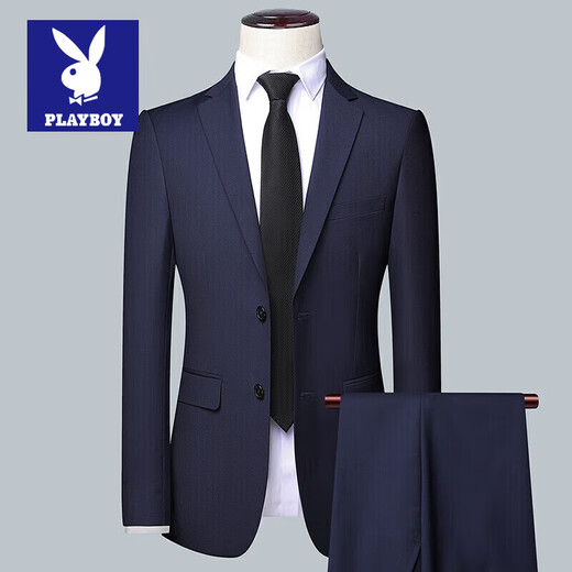 Playboy Suit Men's Business Professional Formal Wear Small Suit Men's Wedding Groom Work Spring Autumn Slim Jacket Men's Double Button Black (Suit + Pants) L (170)