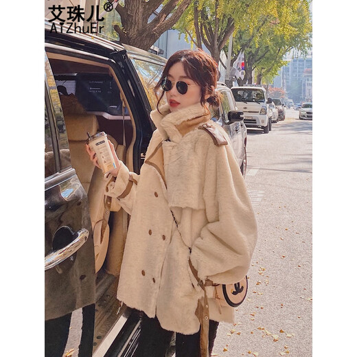 艾珠儿羊羔毛外套女冬季新款韩版宽松加厚皮毛一体羊羔绒短款机车大衣女 米色 S
