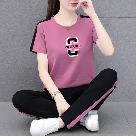 NY-EMMA sports suit for women short-sleeved summer thin high-end fashionable age-reducing cotton casual and fashionable running suit two-piece set 692 blue (trouser suit) XL (recommended 110-125 Jin [Jin equals 0.5 kg])