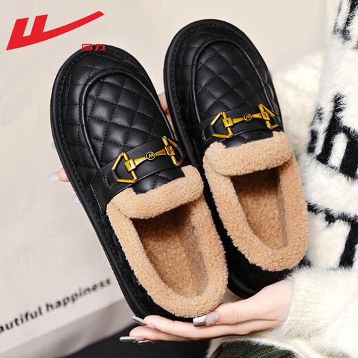 Warrior official beanie shoes for women, winter cold-proof and warm cotton shoes, furry shoes, slip-on loafers, black 38