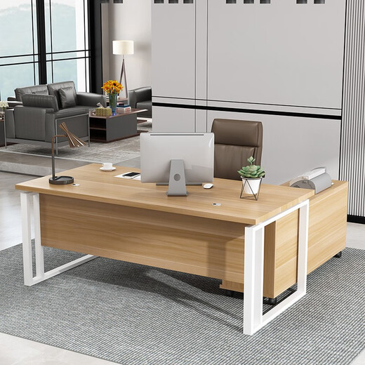 Yishangge Office Manager Desk Boss Desk Single Manager Computer Desk and Chair Combination Office Executive Desk Desk Office Furniture Black Legs + Oak Color After-Sales Guarantee 140*60 Single Table + Side Cabinet