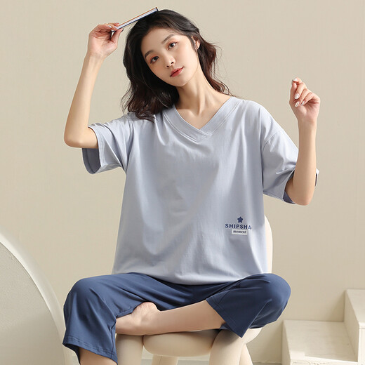 美即莱 2022年新款睡衣女夏季纯棉短袖七分裤套装休闲可外穿全棉家居服 684 L（身高158-167体重100-125）