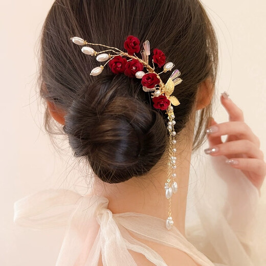 Shengli Wedding Engagement Headwear Horse Face Skirt Toast Wear Red Hairpin Hairpin Female Bridal Accessories Cheongsam New Chinese Style Hair Accessory Flocked Rose Lace Clip (tassel style)