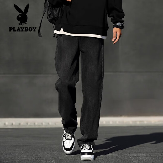 Playboy (PLAYBOY) Smoke Gray Jeans Men's Autumn 2025 Autumn and Winter New American Loose Straight Casual Long Pants Retro Trendy Brand ME Black