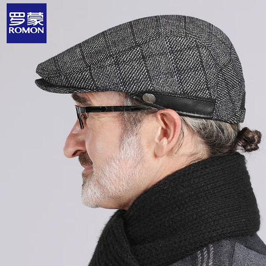 Romon wool hat men's winter plaid ear protection duck tongue forward hat for dad and elders large size windproof and cold protection thickened
