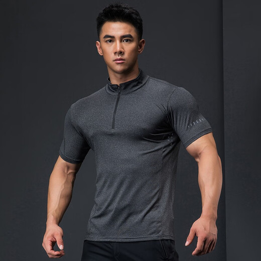 Lutie Dog Fitness Wear Short Sleeve Men's Stand Collar POLO Slim Fit Muscle Showing Quick Drying Breathable High Elasticity Coaching Wear T-Shirt Black XXL