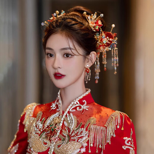 DR-FLVVS秀禾服头饰红色秀禾2024新款中式花朵古风大气龙凤褂新娘发饰 光霞古风7件套(耳夹款) X1591