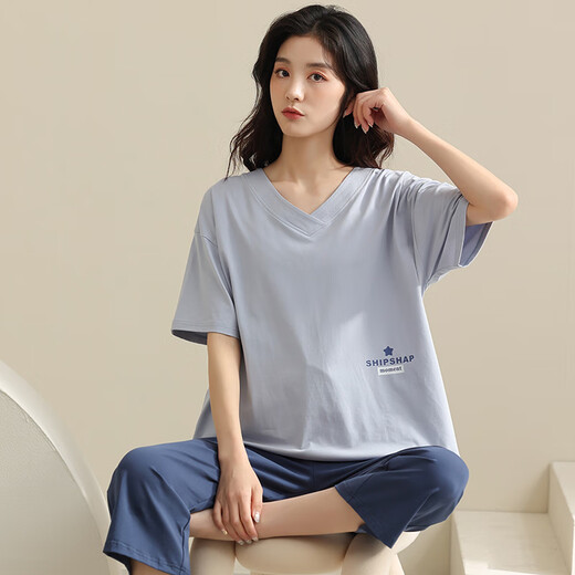美即莱 2022年新款睡衣女夏季纯棉短袖七分裤套装休闲可外穿全棉家居服 684 L（身高158-167体重100-125）