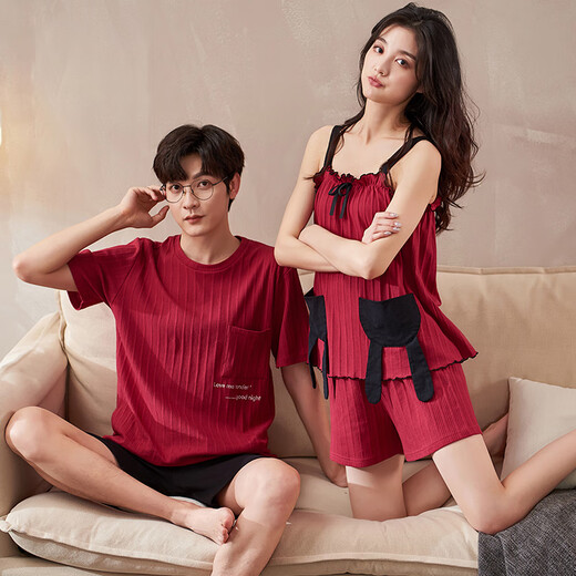 诗静雅 情侣睡衣女夏季纯棉薄款短袖家居服夏天时尚红色本命年结婚套装 CXH 12138吊带情侣 M -女款