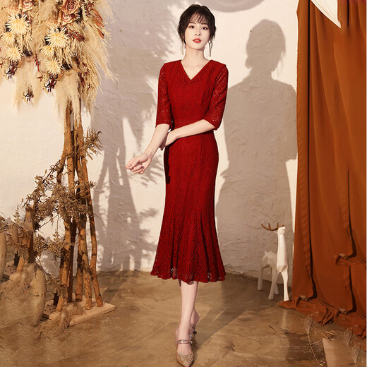 敬酒服晚礼服长袖连衣裙新娘秋冬季酒红色修身结婚鱼尾裙宴会气质酒会 酒红色中长款 S