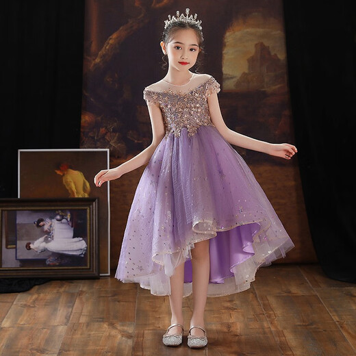 Girls' princess style autumn and winter light luxury high-end suit elementary school students chorus guzheng piano performance evening dress skirt 1591 purple short sleeves front short back long 170