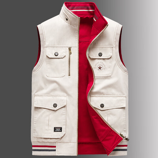 卡思威仪春秋新款双面穿马甲男工装多口袋男士宽松大码纯棉立领无袖外套男 米白色/反面卡其色 XL 【建议140斤体重左右】