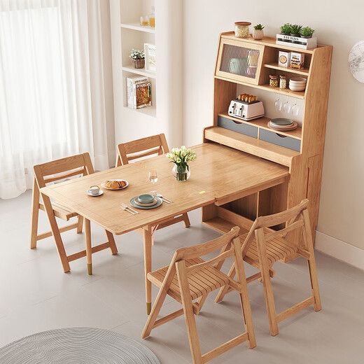 Xiao Mu Wu folding dining table, chair and sideboard combination Nordic small apartment dining table and chair combination telescopic tabletop dining table + 4 chairs (raw wood color)