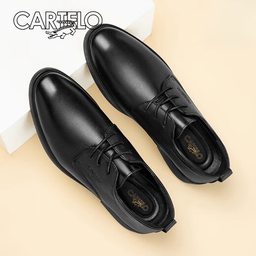 卡帝乐鳄鱼（CARTELO）皮鞋男正装商务软底德比鞋2024新款男士真皮新郎结婚 黑色内增高-头层牛皮-6623G 38 标准皮鞋码