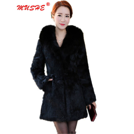 MUSHE Light Luxury Women's Fur Coat Women's Medium Long Large Size Rex Rabbit Fur One-piece Fox Fur Collar Coat Purple (Mid Long) L