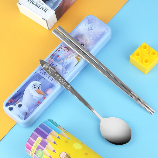 Disney children's tableware for male and female students stainless steel chopsticks and spoon set baby portable cartoon outdoor tableware three-piece set Ice and Snow Princess