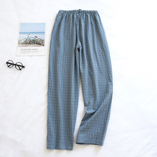 Langsha pyjamas Coton masculin Pure Plaid japonais en liberté de grande taille lavage de coton pantalon à domicile décontracté bleu clair l