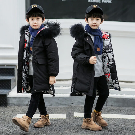 Mingsenbei children's clothing boys' big fur collar cotton jacket 2020 new autumn and winter clothing long cotton jacket for middle and large children reversible children's cotton coat handsome and fashionable hooded jacket thickened coat trendy black 160 size (suitable for height around 155cm)