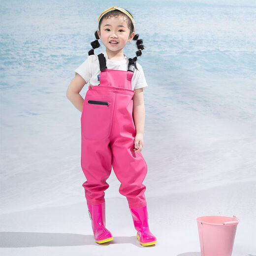 Shanye children's water play one-piece waders kindergarten waterproof clothes for catching the sea children's rain boots men and women fishing rain pants beach children's pink overalls with pockets size 21/27 (shoe inner length 14.5cm)