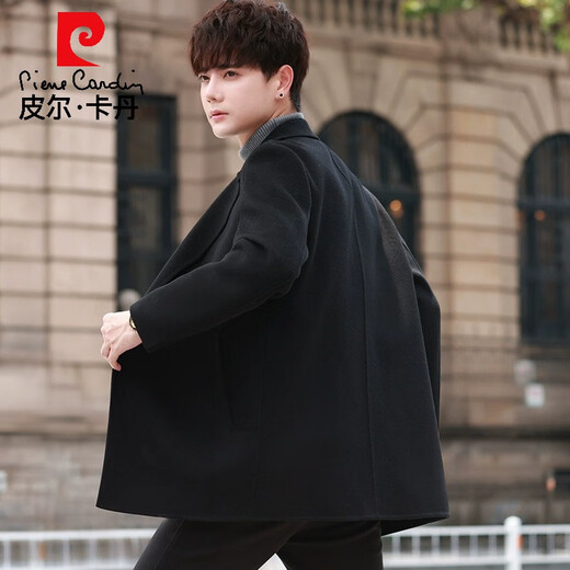 Pier Cardin Wool Wool Jacket Men's Short Spring and Autumn Thickened Double-Side Wool Coat High-end British Trench Coat Men's Clothing Green Gray S 165