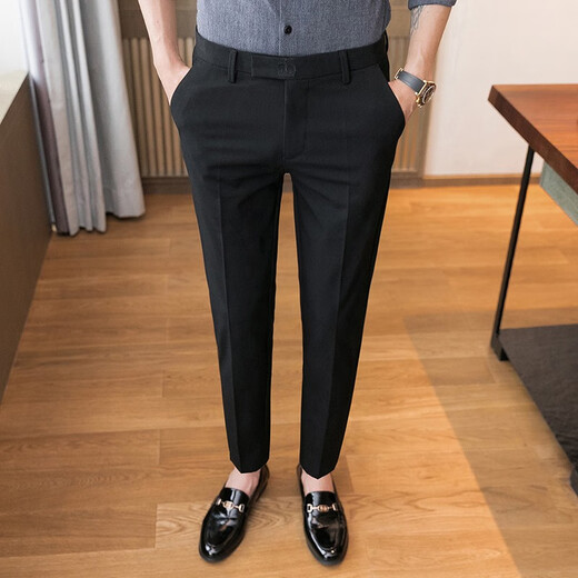 Dinggude summer thin trousers for men's business casual professional suit suit pants slim nine-point straight stretch trousers 723 nine-point pants black 32 (2 feet 4) Recommended 129-139Jin [Jin equals 0.5 kg]